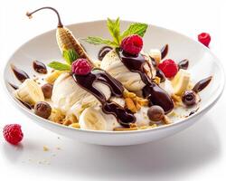 a bowl of ice cream with bananas, raspberries and chocolate sauce photo