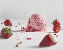 a scoop of ice cream surrounded by strawberries photo