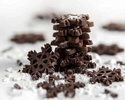 chocolate snowflakes are piled up on a white surface photo