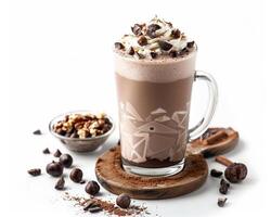 a hot chocolate with whipped cream and chocolate chips photo