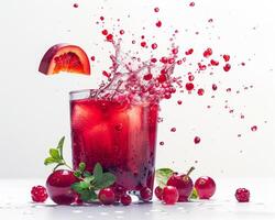 a glass of red juice with a slice of orange and a splash of water photo