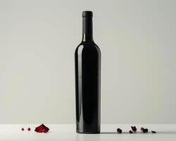 a wine bottle with red roses on a white table photo