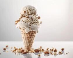 an ice cream cone with nuts and nuts scattered around it photo