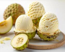 a close up of a fruit with ice cream photo