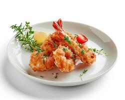 a plate of shrimp with lemon and herbs photo