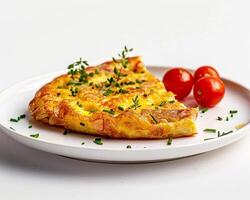 a white plate with a pizza and cherry tomatoes photo