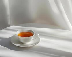 a cup of tea sits on a white table photo