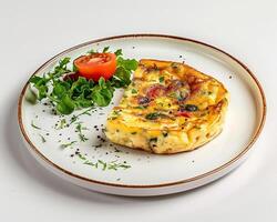 a plate with a quiche and a salad on it photo