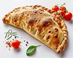 a pizza with tomatoes and herbs on a white surface photo