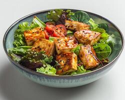 a bowl of food with a salad and tofu photo