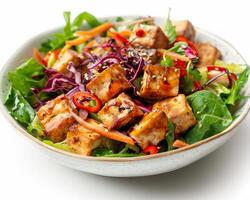 a bowl of salad with tofu, carrots, and red cabbage photo