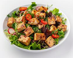 a bowl of salad with tofu, greens and red onions photo