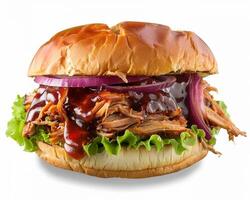 a pulled pork sandwich with bbq sauce on a bun photo