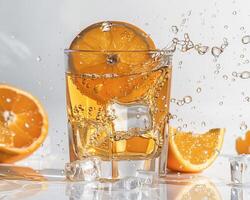 a glass of orange juice with ice cubes photo