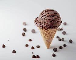 chocolate ice cream in a cone with chocolate chips photo