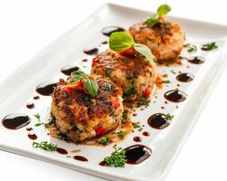 a white plate topped with three crab cakes photo