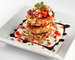 a plate of food with a sauce on it photo