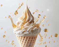 ice cream with syrup splash on white background photo