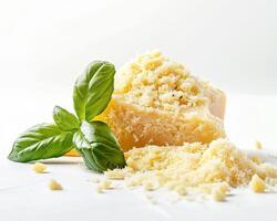 a piece of cheese with basil leaves on top photo