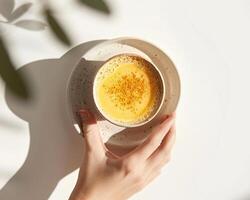 a person holding a cup of coffee on a white surface photo