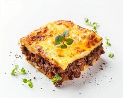 a square piece of lasagna with cheese and herbs photo