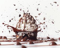 a chocolate cake with whipped cream and chocolate sauce photo