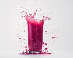 a glass of pink juice is splashing on a white background photo