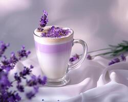 lavender coffee with lavender flowers on a white background photo