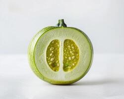 a cut open green melon on a white surface photo