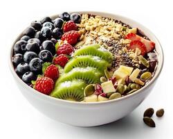 a bowl of fruit and nuts with a white background photo