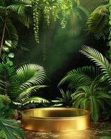 A golden podium in the center of an illustration with green jungle trees and ferns in the background photo