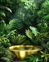 A golden podium in the center of an illustration with green jungle trees and ferns in the background photo