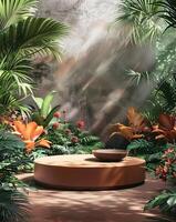 A golden podium in the center of an illustration with green jungle trees and ferns in the background photo