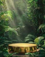 A golden podium in the center of an illustration with green jungle trees and ferns in the background photo