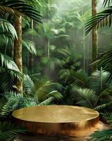 A golden podium in the center of an illustration with green jungle trees and ferns in the background photo