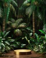 A golden podium in the center of an illustration with green jungle trees and ferns in the background photo