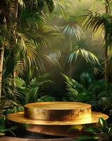 A golden podium in the center of an illustration with green jungle trees and ferns in the background photo