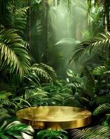A golden podium in the center of an illustration with green jungle trees and ferns in the background photo