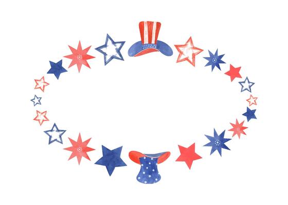 Uncle Sam hats and stars in red and blue colors. Striped and dot hat. Traditional national symbols. Holiday oval frame with empty space. 4th of July USA Independence Day. Watercolor illustration