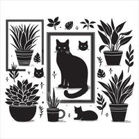 A collage of a cat a plant in an illustrated frame risograph silhouette print white background vector