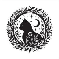A collage of a cat a plant in an illustrated frame risograph silhouette print white background vector