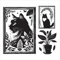 A collage of a cat a plant in an illustrated frame risograph silhouette print white background vector