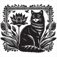 A collage of a cat a plant in an illustrated frame risograph silhouette print white background vector
