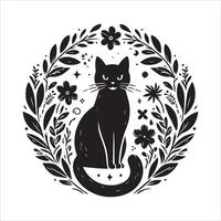 A collage of a cat a plant in an illustrated frame risograph silhouette print white background vector