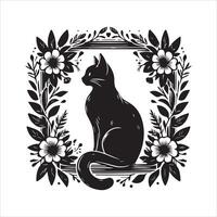 A collage of a cat a plant in an illustrated frame risograph silhouette print white background vector