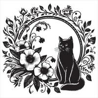 A collage of a cat a plant in an illustrated frame risograph silhouette print white background vector