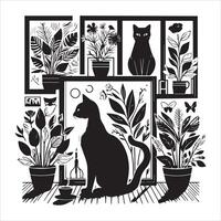 A collage of a cat a plant in an illustrated frame risograph silhouette print white background vector