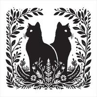 A collage of a cat a plant in an illustrated frame risograph silhouette print white background vector