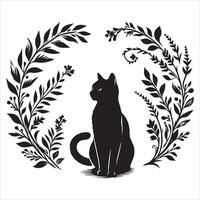 A collage of a cat a plant in an illustrated frame risograph silhouette print white background vector
