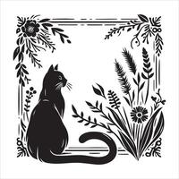 A collage of a cat a plant in an illustrated frame risograph silhouette print white background vector